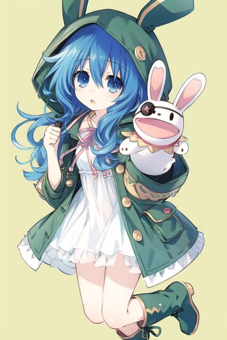 03215-1996870156-1girl,blue hair,blue eyes,raincoat,hood up,open green coat,lop rabbit ears,detached sleeves,white dress,rabbit puppet,looking at.png